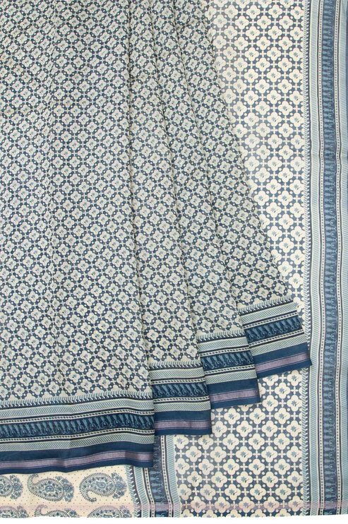 Indigo Blue Chanderi Cotton Silk Saree With Silver Zari Border