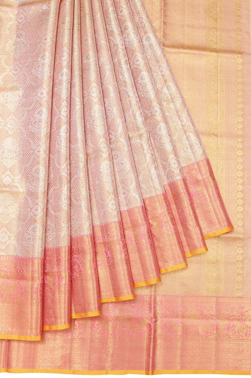 Peach Kanchipuram Silk Women Saree With Gold Zari