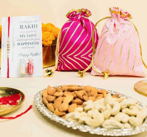 Dry Fruit Potlis With Rakhi Gift