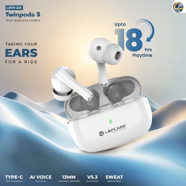 Lapcare White Twinpod 3 5.3V BT Earbuds Upto 18 Hours Playtime LBTB-225