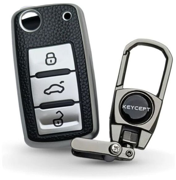 Skoda/ Volkswagen TPU Leather Key Cover With Keychain (Type 2)