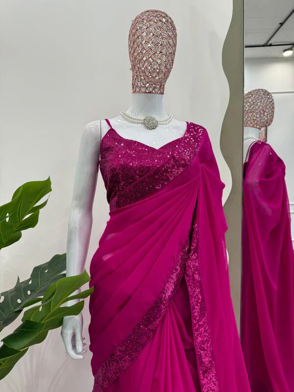 BARBIE PINK SHADE SHIMMERY ORGANZA DESIGNER SAREE