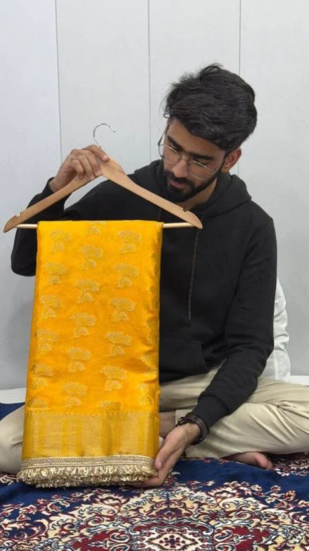 BRIGHT YELLOW CHINIYA SILK LACE WORK BANARASI SAREE