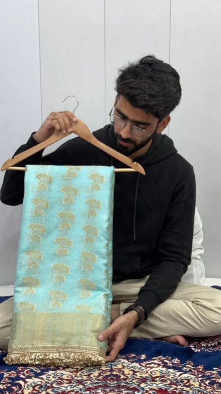 PASTEL FIROZI BLUE CHINIYA SILK LACE WORK BANARASI SAREE