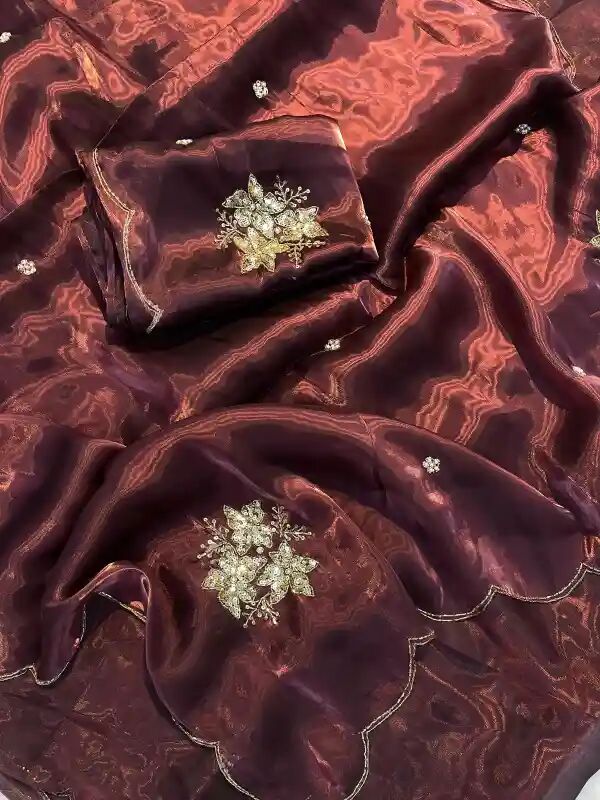 RUST SHIMMERY TISSUE HANDWORK SAREE