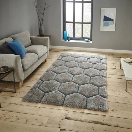 Grey & Aqua Geometric Hexagon Design Hand Tufted Modern Floor Rug