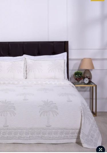 Anoob Palm Tree Hand Block Printed Grey Quilted Cotton Bedcover