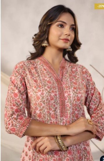 Maheen Suhani V Neck Pink Block Women Printed Cotton Kurti