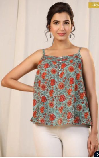 Sunshine Green Spagetti Hand Printed Women Short Top