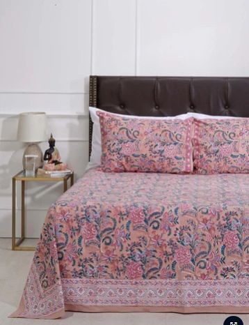 Vrindavan Peach Peoney Cotton Percale Bedsheet