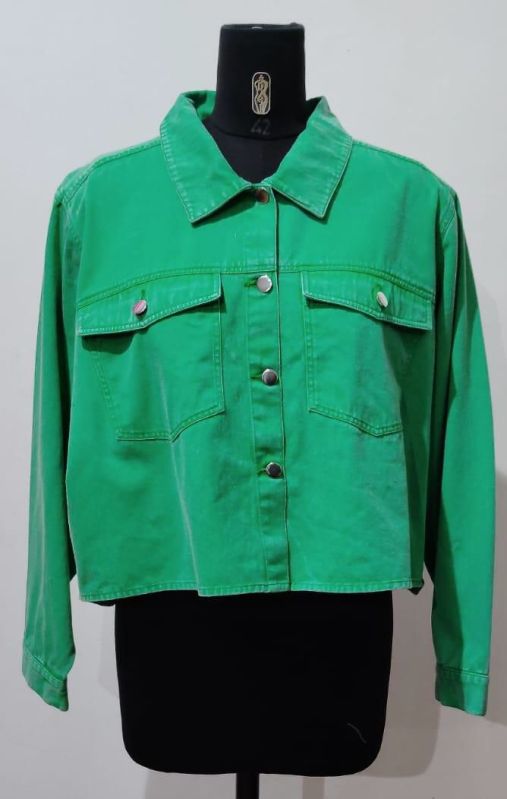 Dark Green Full Sleeves Ladies Fancy Denim Jacket