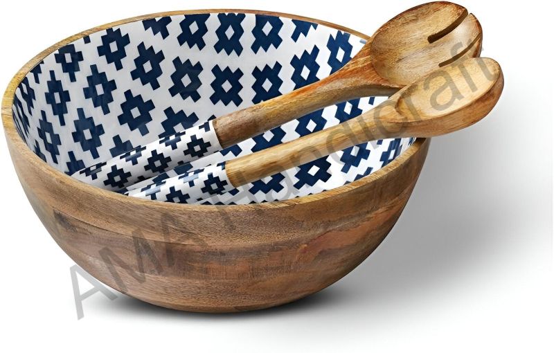 Round Wooden Enamel Serving Bowl