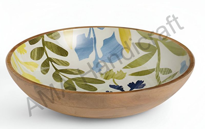 Round Wooden Enamel Serving Bowl