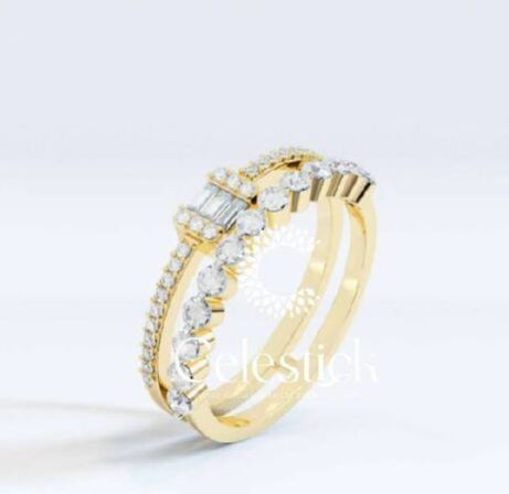 Yellow Gold Celestick Baguette and Round Double Half Eternity Lab Grown Diamond Ring