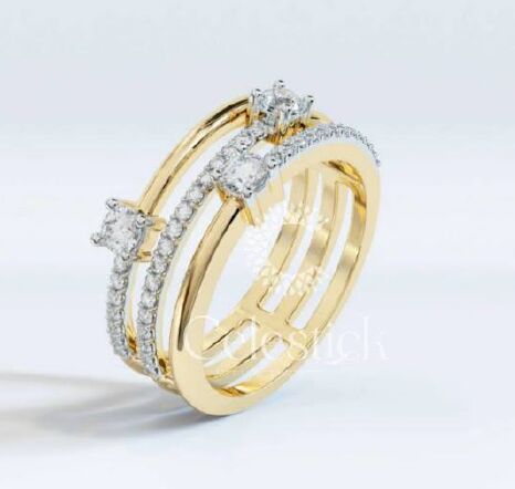 Yellow Gold Celestick Round Triple Line Rin Lab Grown Diamond Ring