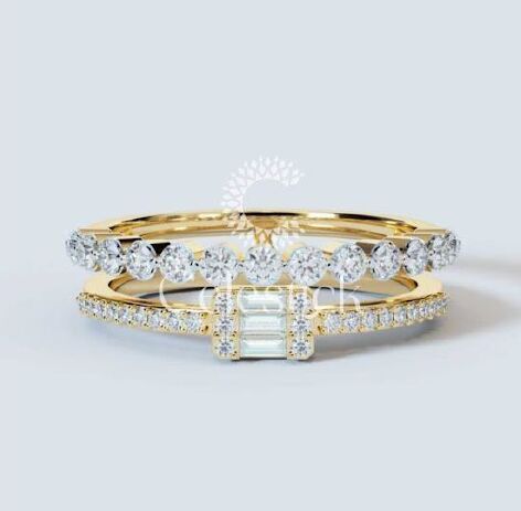 Yellow Gold Celestick Baguette and Round Double Half Eternity Lab Grown Diamond Ring