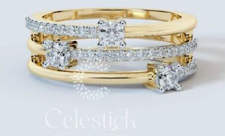 Yellow Gold Celestick Round Triple Line Rin Lab Grown Diamond Ring