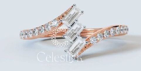 Rose Gold Celestick Triad Baguette and Round Lab Grown Diamond Ring