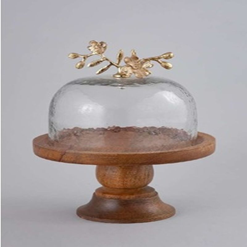 Natural Wooden Cake Stand With Glass Dome