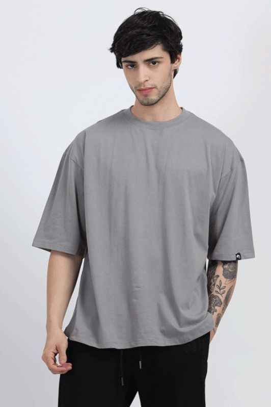 Men Plain Grey Cotton Oversized T Shirt