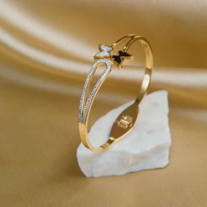 Artklim Gold Plated White And Black Butterfly Women Bangle Bracelet