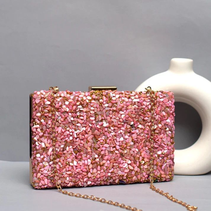 Pink Gravel Stone Metallic Evening Women Clutch Bag