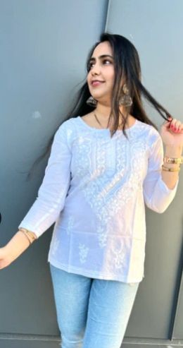 Monsoon Magic - White Cotton Hand-Embroidered Chikankari Short Top