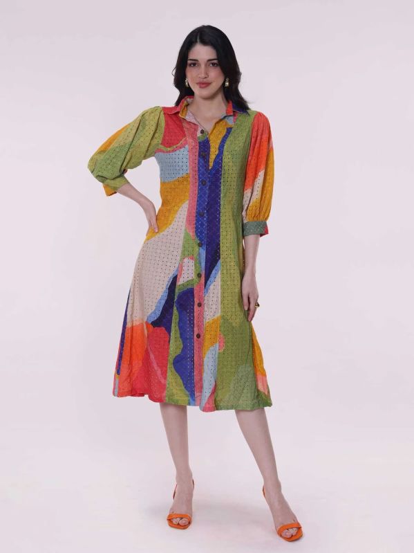 Women Sable Printed Schiffli Shirt Dress