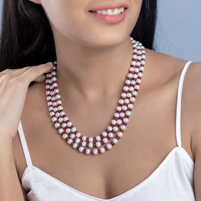 Ruby Cascade Triple Row Women Pearl Necklace