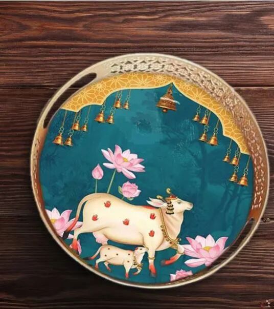 Pichwai with Lotus and Bells Round Tray