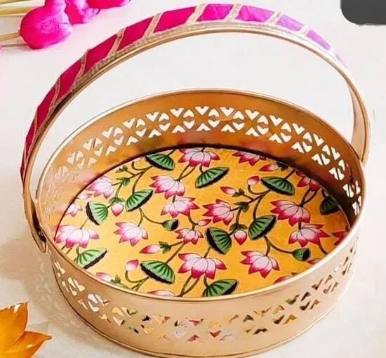 Yellow Floral Pichwai Round Tray with Handle