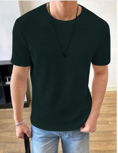 Men Solid Round Neck Waffle Dark Green T-Shirt