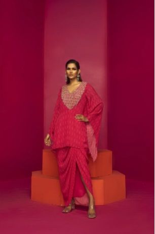 FUCHSIA EMBROIDERED Ladies KURTI AND DHOTI SET