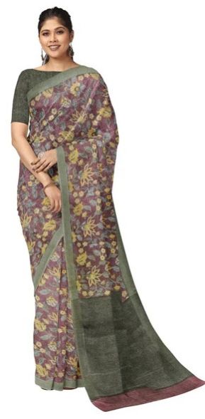 A MASTERPIECE IN MAROON &AMP;AMP; GREEN HANDLOOM LINEN PRINTED SAREE
