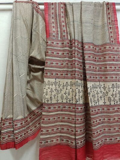BEIGE HANDLOOM GHICHA TUSSAR HAND BLOCK PRINT SAREE