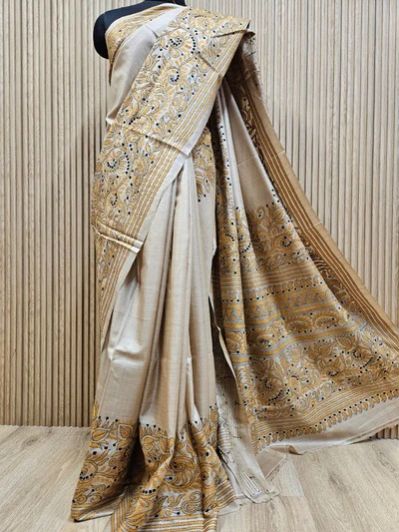 CREAM TUSSAR SILK SAREE WITH HANDCRAFTED KANTHA