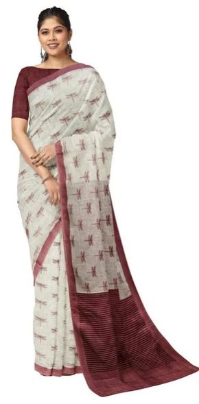 OFF WHITE PREMIUM QUALITY HANDLOOM PRINTED LINEN SAREE