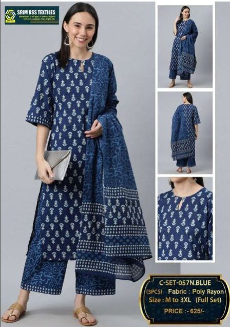 Ladies Blue Printed Poly Rayon Suit Set