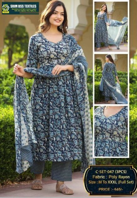 Ladies Party Wear Printed Poly Rayon Suit Set