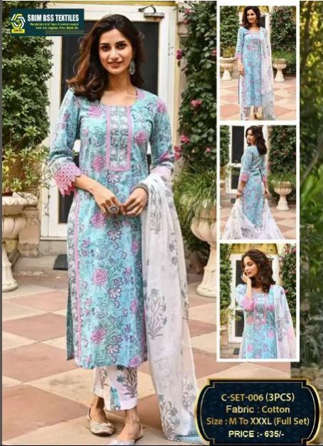 Ladies Sky Blue Printed Cotton Suit Set