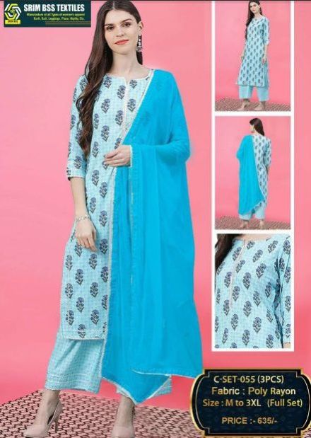 Ladies Skyblue Printed Poly Rayon Suit Set