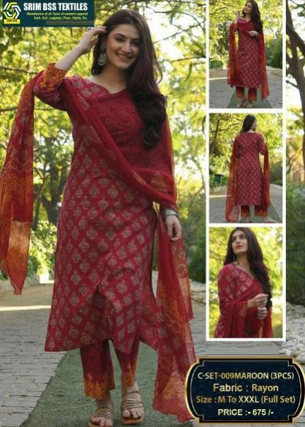 Ladies Stylish Red Rayon Suit Set