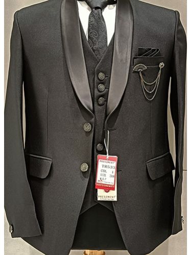 Mens Cotton Black Plain Three Piece Suit