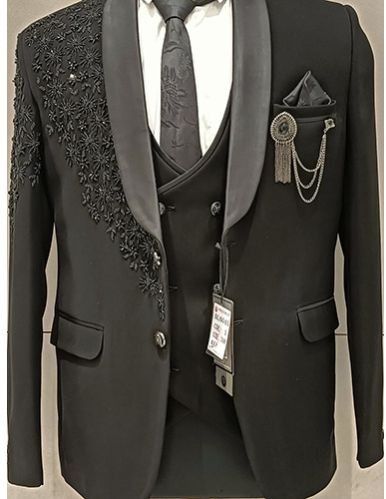 Mens Designer Black Three Piece Suit