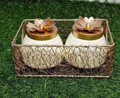 Golden Metal Basket Jar Set