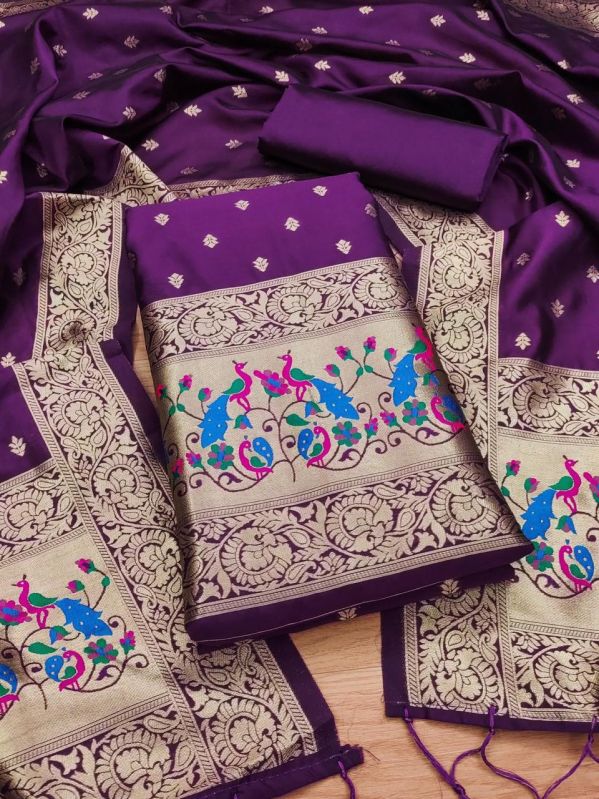 Zari Work Paithani Unstitched Dress Material