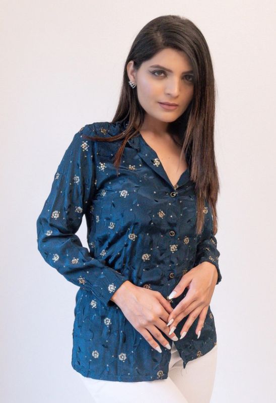Embroidered Sequin Blue Viscose Shirts