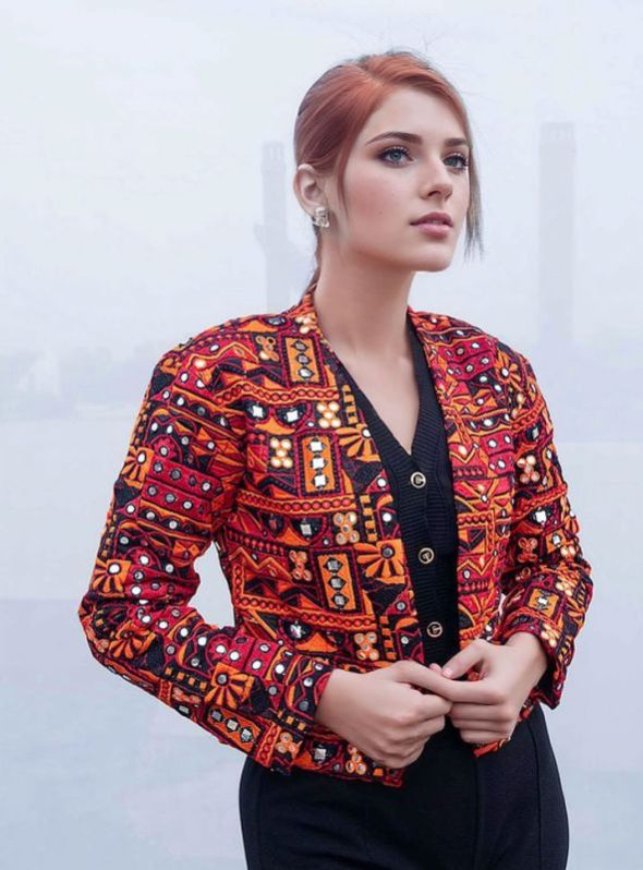 Short Red Embroidered Mirror Work Jacket