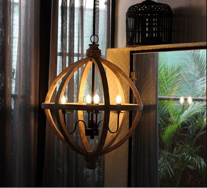 Round Wooden Orb 4 Light Wooden Iron Chandelier