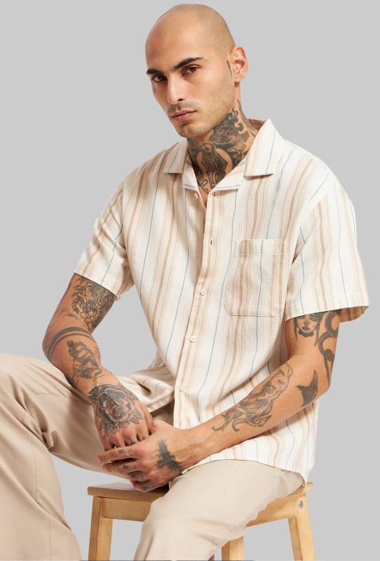 Beige Striped Textured Cuban Collar Shirt